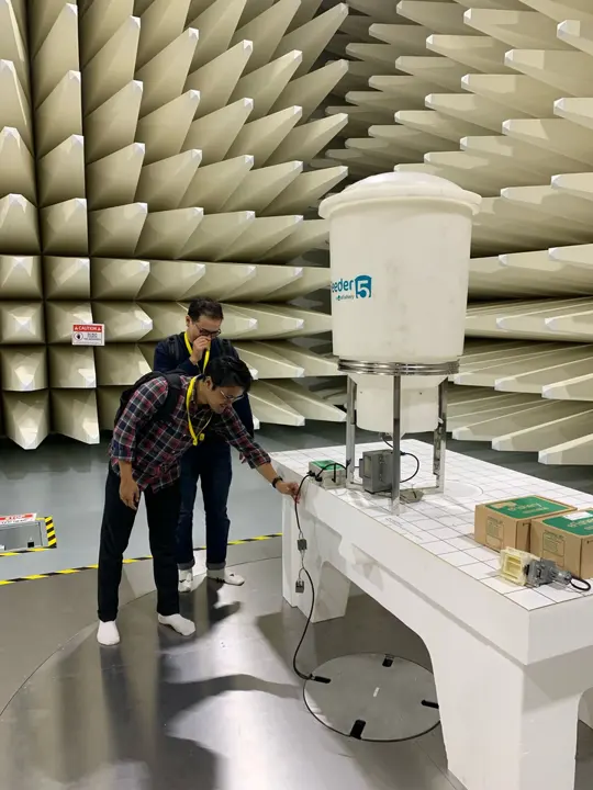 Product in an anechoic chamber during emission certification testing